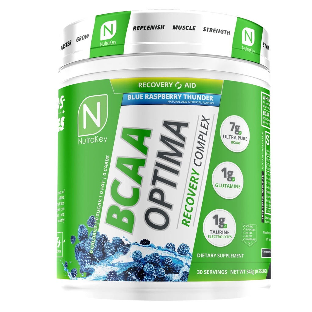 NutraKey BCAA Optima post trening gjenoppretting kompleks, ingen sukker, ingen karbohydrater, gjenoppretting hjelp, blå bringebær