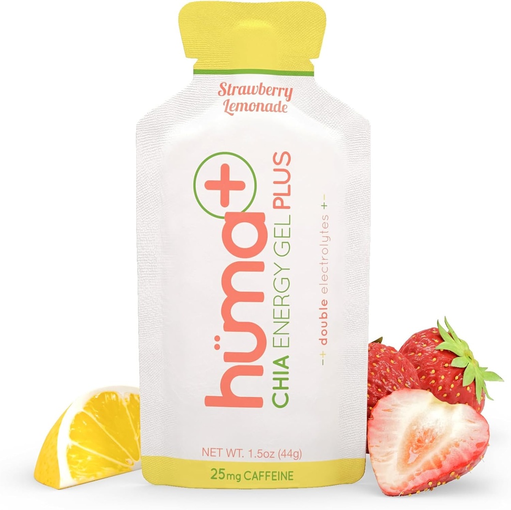 Huma Plus (Double Electrolytes) - Chia Energy Gel, Strawberry Lemonade, 24 Gels, 25 mg Kaffe - Stuevennlig, Real Food Energy Gels