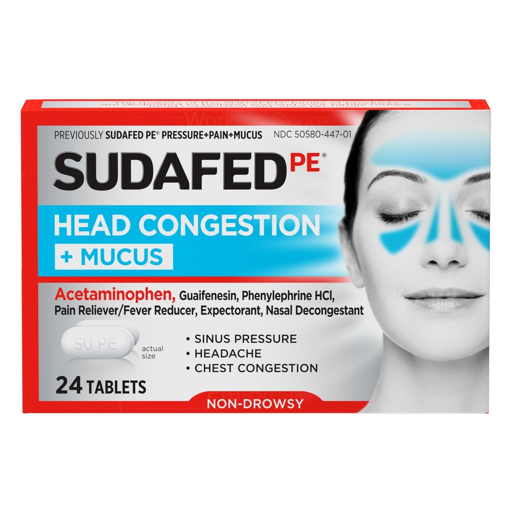 Sudafed PE-hodet Congestion + Mucus Relief-tabletter for Sinus trykk, kongessjon, og hodepine, ikke-Drowsy Decongestant med Acetaminophen, Guaifenesin & Phenylephrine HCI, 24 ct