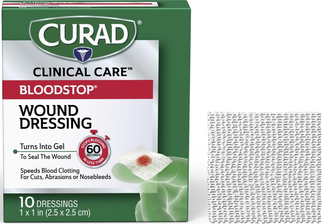 CURAD BloodStop® sårkjole | 1\" x 1\" | Hemostatisk Gauze bidrar til å slutte å blødning raskt | For kutt, Abrasions eller nosebleeds | 10 greve