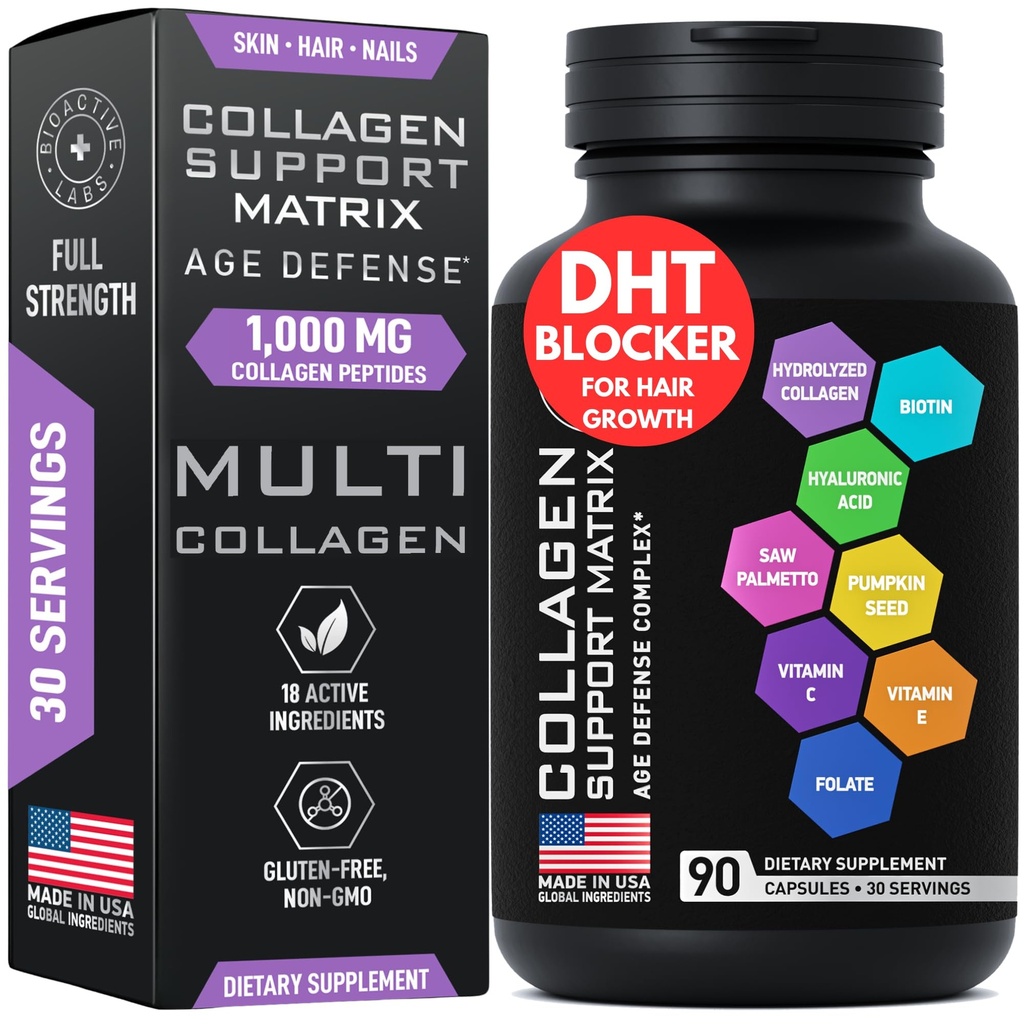 Age Defense Beauty Collagen Matrix - 2.000mg Multi Collagen Biotin Keratin Hyaluronsyre så Palmetto vitamin C Supplement Complex - DHT Blocker for menn og kvinner for hårvekst - 90 Glutenfri Caps