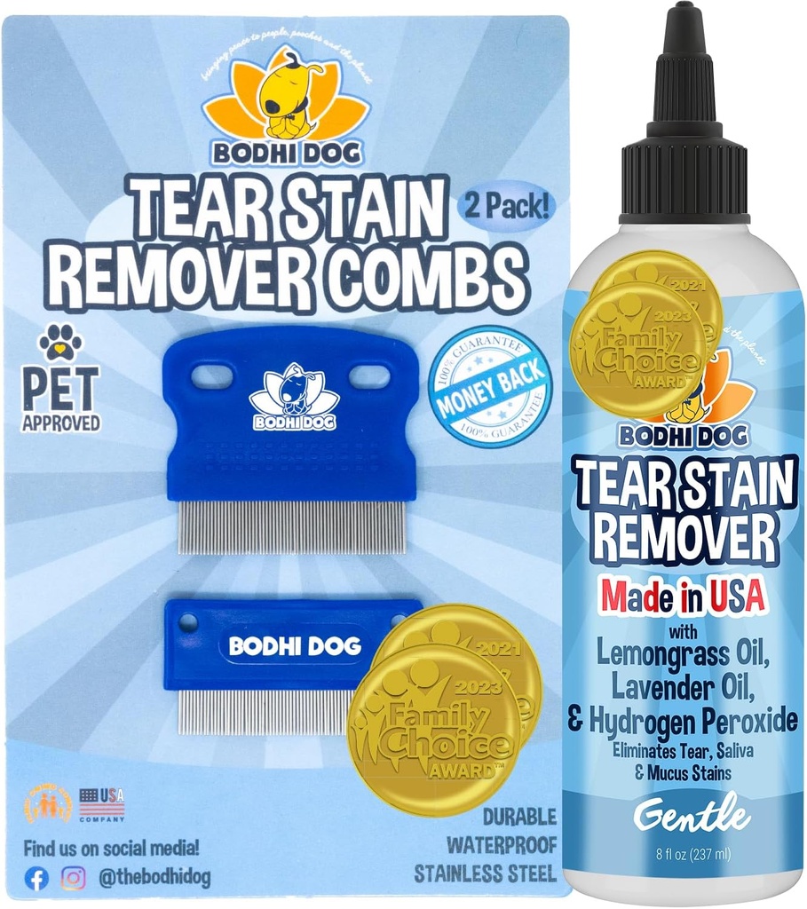 Bodhi Dog Tear Stain Remover & Tear Stain Remover Combs - Ta vare på Stains, Dirt fra Pet Eyes - Safe & Gentle på hunder og katter - Cleans Delicate Fur - Ideell for Grooming & Tear Stain Forebygging