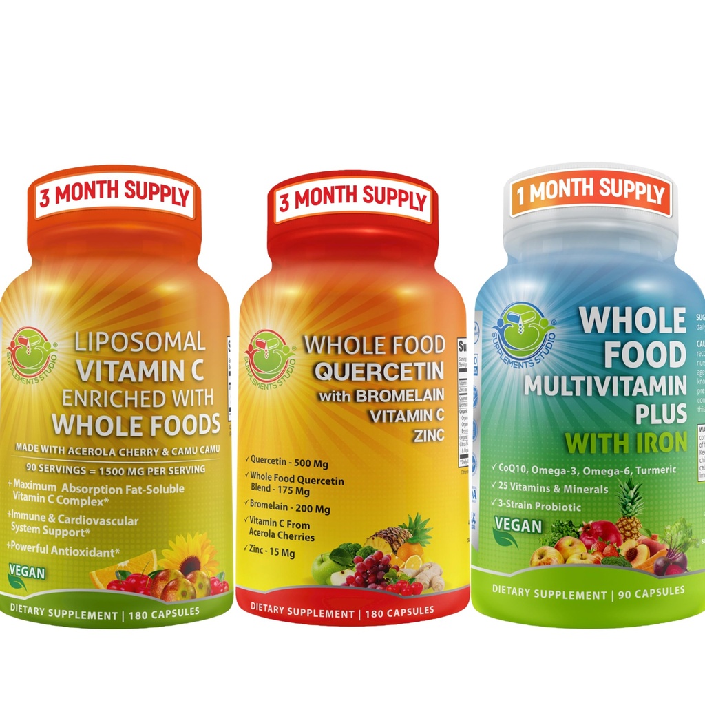 Fullstendig daglig vitaminer - Quercetin med Bromelain Supplement Bundle Opp med Multivitamin Plus for menn og kvinner med jern og liposomal vitamin C flytende Gel - for immune, respirasjon, Digestiv støtte