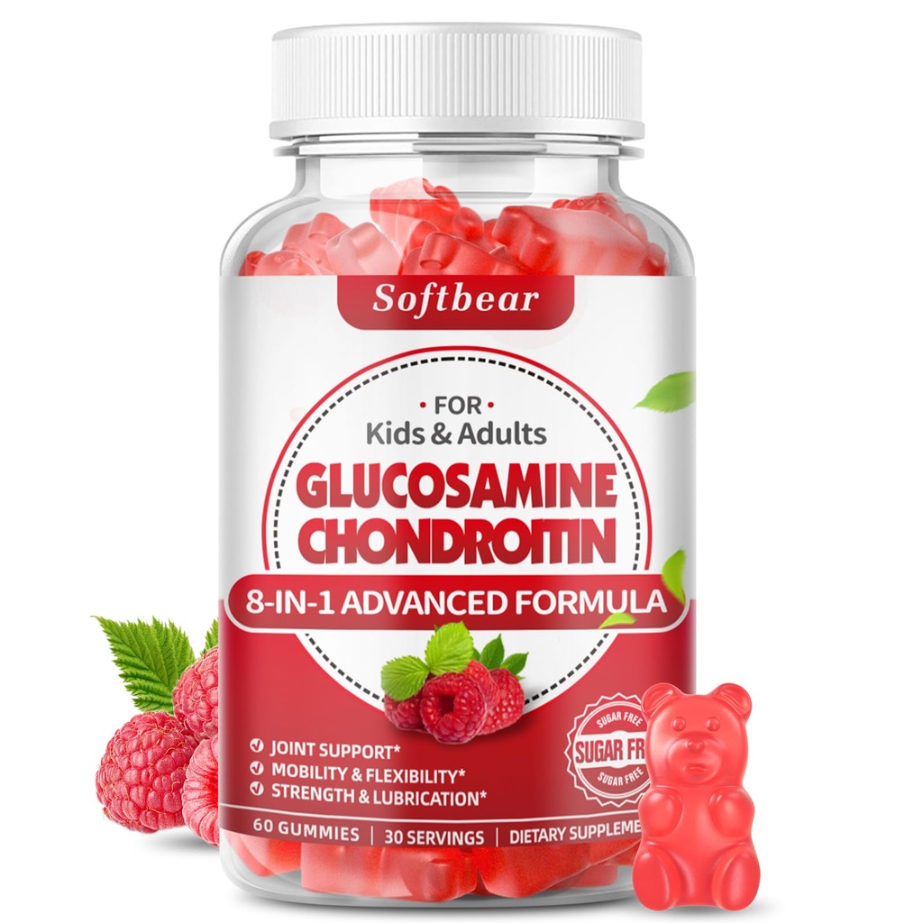 mykbear Glucosamine Chondroitin Gummies, Sukker Free Glucosamine Chondroitin MSM Tilskudd med eldrebær gurkemeie støtter felles helse og antioksidant, bringebær flavored 60 greve