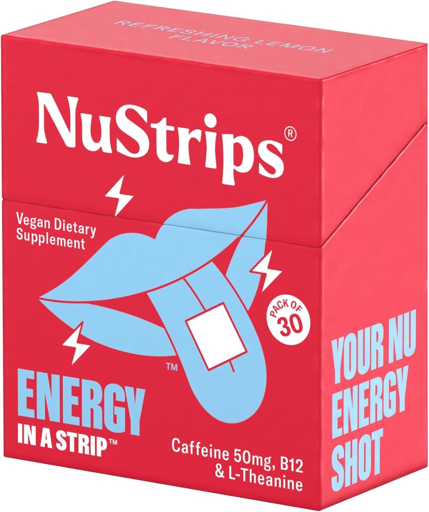 NuStripsTM Fast-Dissolving Energi Strips med 50mg Koffein, L-Theanine & Vitamin B12 – Instant Energy & Focus Uten Jitters eller Crash – Fungerer raskere enn kaffe – Oppfriskende sitron – 30 Strips