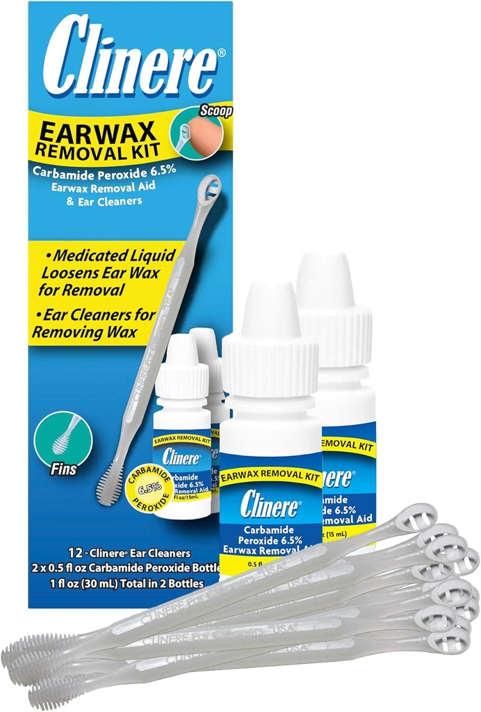 Clinere ørevoksfjerning Kit, trygt og forsiktig ren ørevoks, kløe relief, virker umiddelbart .5oz karbamidperoksid, 2 x .5 fl Oz med 12 pinner