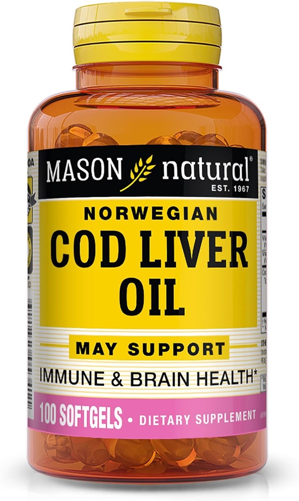 MASON NATURAL Cod Liver Oil Plus vitamin A & D3 - Sunn hjerte og hjerne funksjon, forbedret immunitet, støtter generell helse, 100 Softgels
