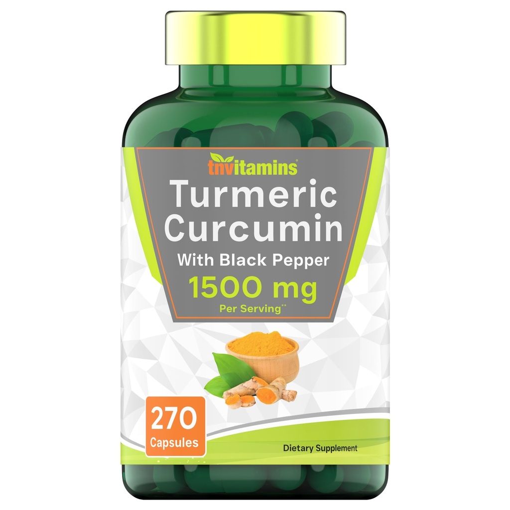 Tnvitamins Turmeric Curcumin Capsules with Black Pepper | 1500 MG - 270 Capsules | Bulk Størrelse - 3 måneders forsyning! | Gylden Turmeric Curcumin Supplement med svart Pepper | Ikke-GMO | Produsert i USA