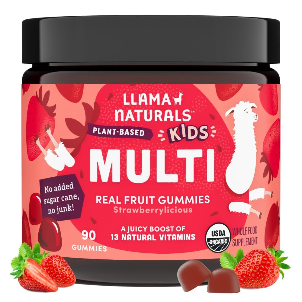 Llama Naturals Kids Multivitamin Gummies, Vegan, Organisk med vitamin D, C & K, Toddler ekte frukt Gummy Vitaminer, Chewable Supplement, Hele maten Multivitamin, Ingen lagt til sukkerrør, Jordbær, 90 Ct