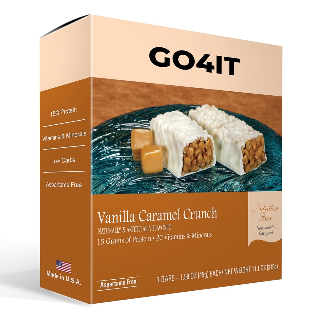 GO4IT Helsemåltid Utskiftningsbar, Høyt Protein Ernæring Bar, Høy Fiber, Low kalorier, KETO vennlig, On-the-go, Vekttap Mat Bar, 7/Box - (Vanilla Caramel Crunch)