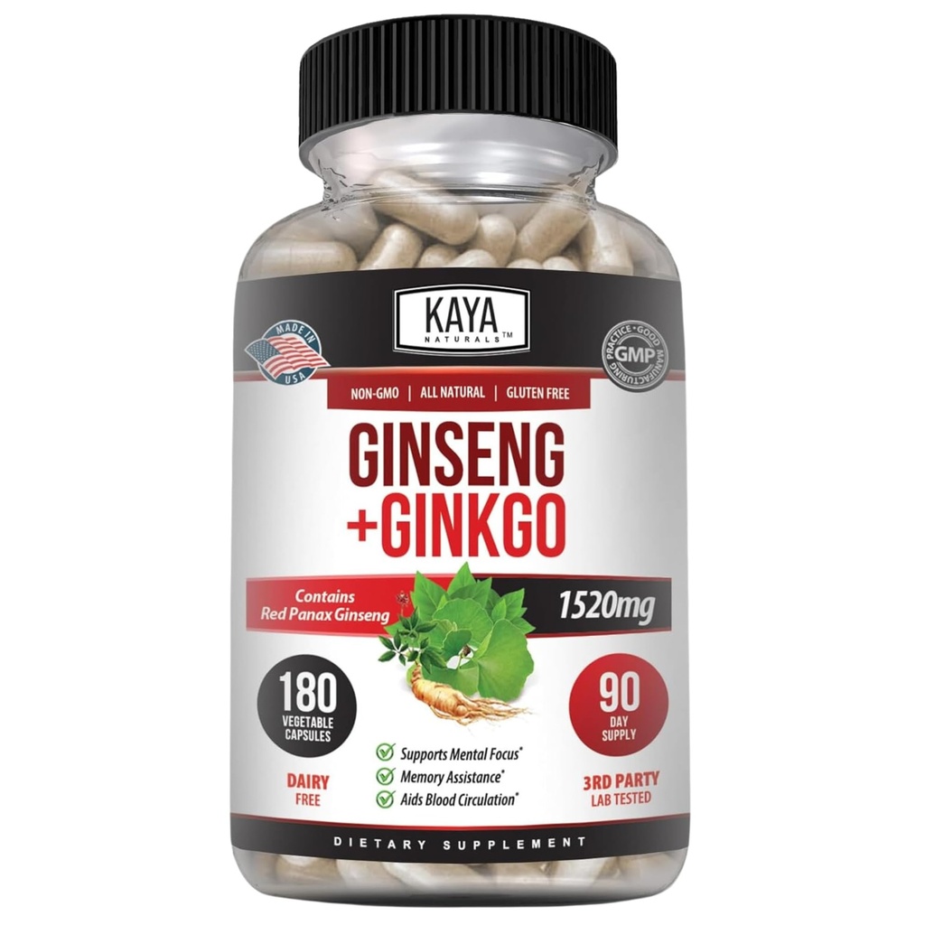 Kaya Naturals Rød Panax Ginseng + Ginkgo Biloba - Nootropic Brain Supplement - Kognitiv og konsentrasjonsstøtte - Brain Booster, Fokus og minne Supplement - 180 Kapsler