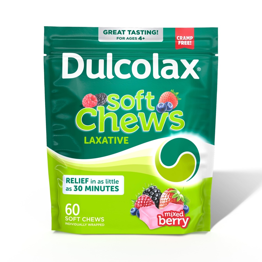 Dulcolax Saline Laxative Myke Chews, Gentle Acceleration Relief, Blandet Berry Flavor, Magnesiumhydroksid 1200 mg, 60 Antall