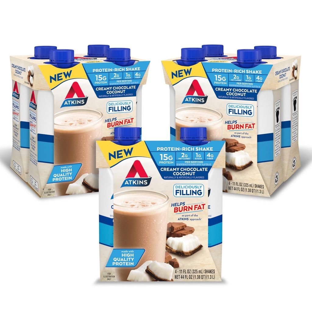 Atkins Creamy Chocolate Coconut Protein Shake, 15g Protein, 2g Net Carbs, 1g Sukker, Keto Vennlig, 12 Count