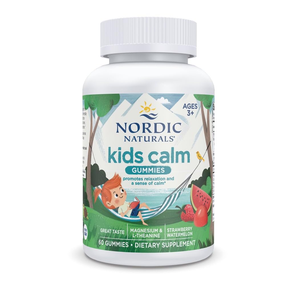 Nordic Naturals Kids Rolig Gummies - Jordbær Vannmelon - 60 Gummies - Magnesium L-Theanine Supplement - beroligende for barn - Avslappende støtte - Opptil 60 Serveringer