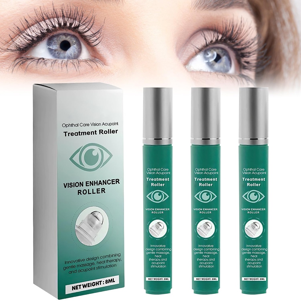 Vision Enhance Massage Roller, Eye Roller for å forbedre visuelt klarhet, Natural Vision Enhancement Roller, Relieve Eye Strain, tretthet og Discomfort 8 ml (3 stk)