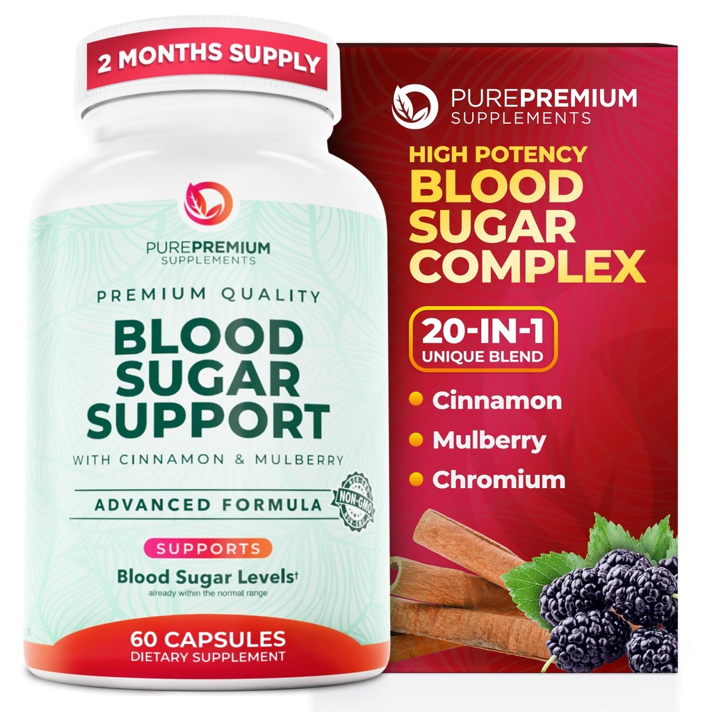 PurePremium normal blodsukker støtte Supplement - 20 aktive ingredienser kompleks for å støtte blodsukker nivåer allerede i normal rekkevidde - med kanel, biter Melon, Chromium, Mulberry - 60ct