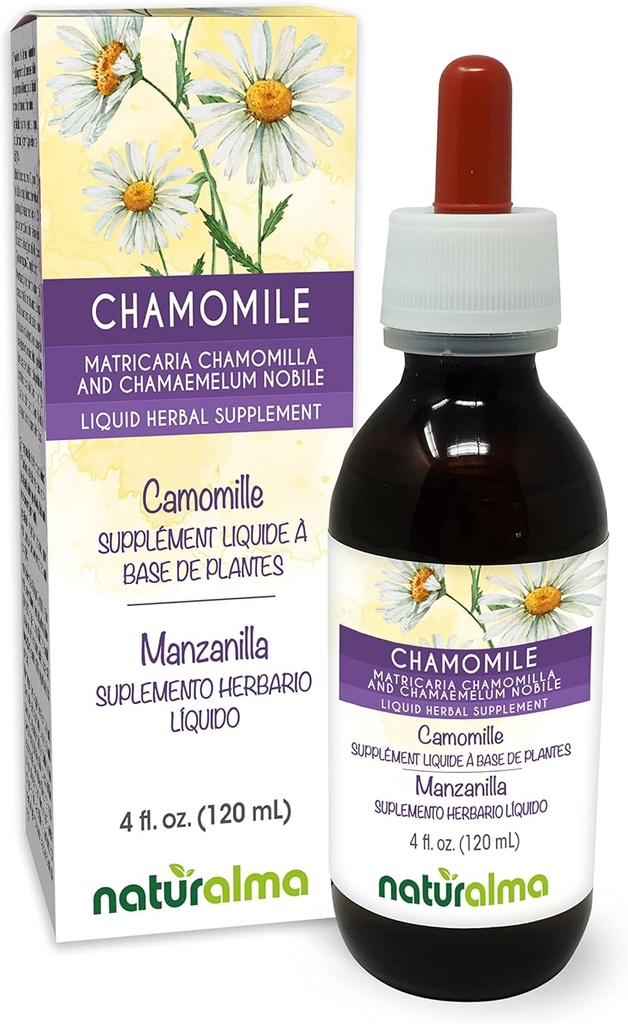 Naturalma tysk og romersk kamille (matricaria kamomilla og Chamaemelum nobile) Blomster alkohol-fri tinktur - 4 fl oz flytende ekstrakt i dråper - Herbal Supplement - Vegan
