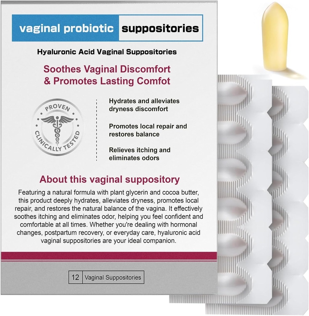 Nahid Hyaluronsyre Suppositories | Vaginal bevegelse og pH balanse støtte | 12 Innsetter med prebiotiske kompleks | Soothe tørrhet, Odor kontroll, gjenopprette komfort | Menopause og intim behandling