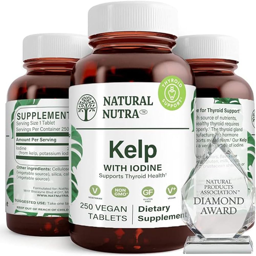 Naturlig Nutra Kelp Iodine Thyroid støtte Supplement, styrker immunsystemet og regulerer metabolisme, Vegan Sea Kelp, ikke GMO, Atlanterhavskildet ekstrakt, 225 mhg, 250 tabletter