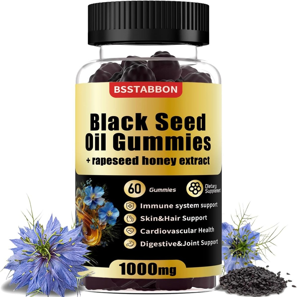 Svart Seed Oil Gummies med 1000 mg organisk svart frøolje, 25 mg rapsfrø honning ekstrakt, Vitamin B6,B12 og sink for immunsystem støtte (60 gummies) (60 greve)