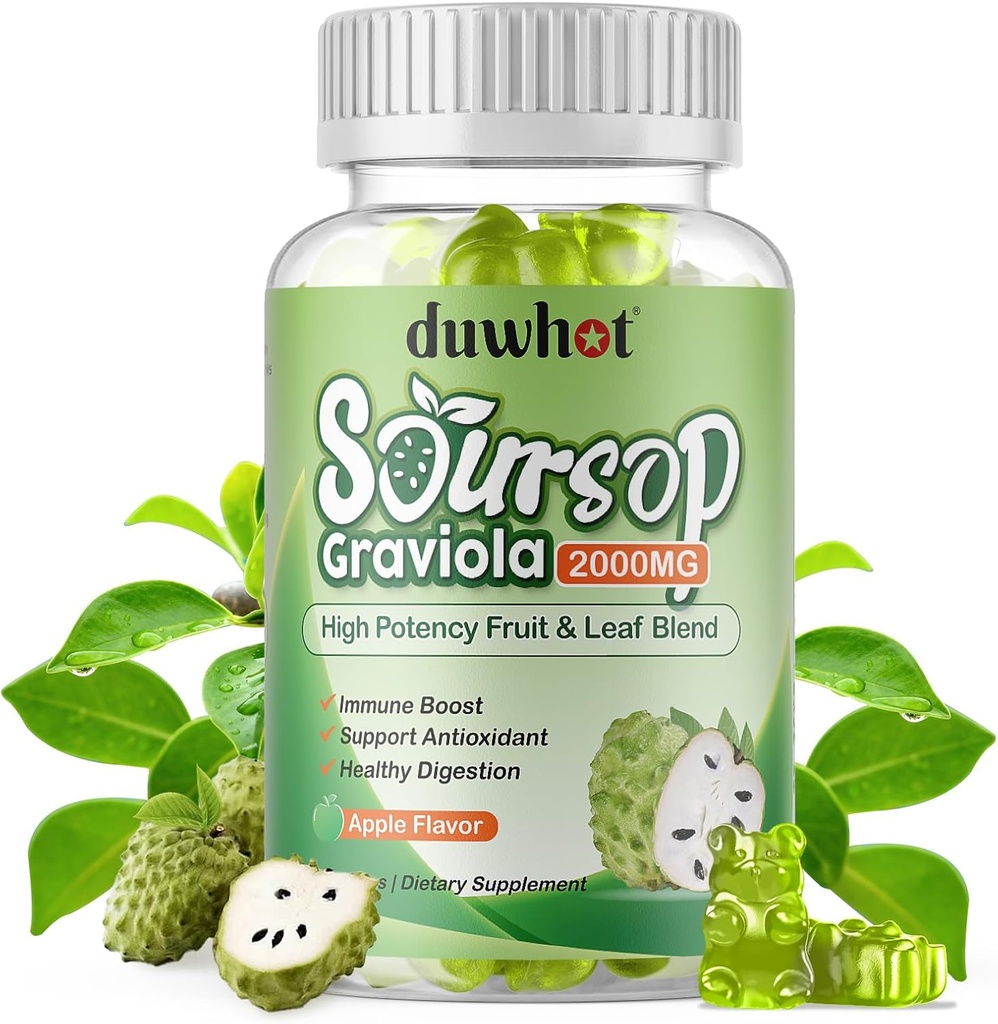 Soursop Gummies 2000MG, Soursop Leaf & Fruit Extract for voksne, Soursop Fruits m/Vitaminc C for immunstøtte, Antioksidant og Digestive Aid, Vegan, 60 greve