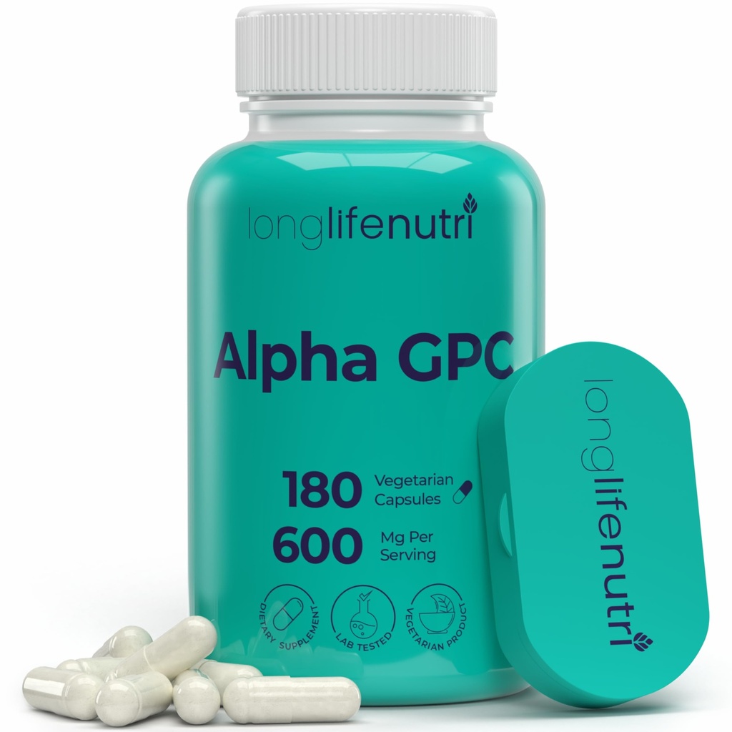 Alpha GPC Choline Supplement 600mg – 180 Vegetariske kapsler, høy renhet nootropisk for daglig energi, 3-måneders forsyning, acetylkolinkilde for kognitiv og mental klarhet, GMP sertifisert, laget i USA