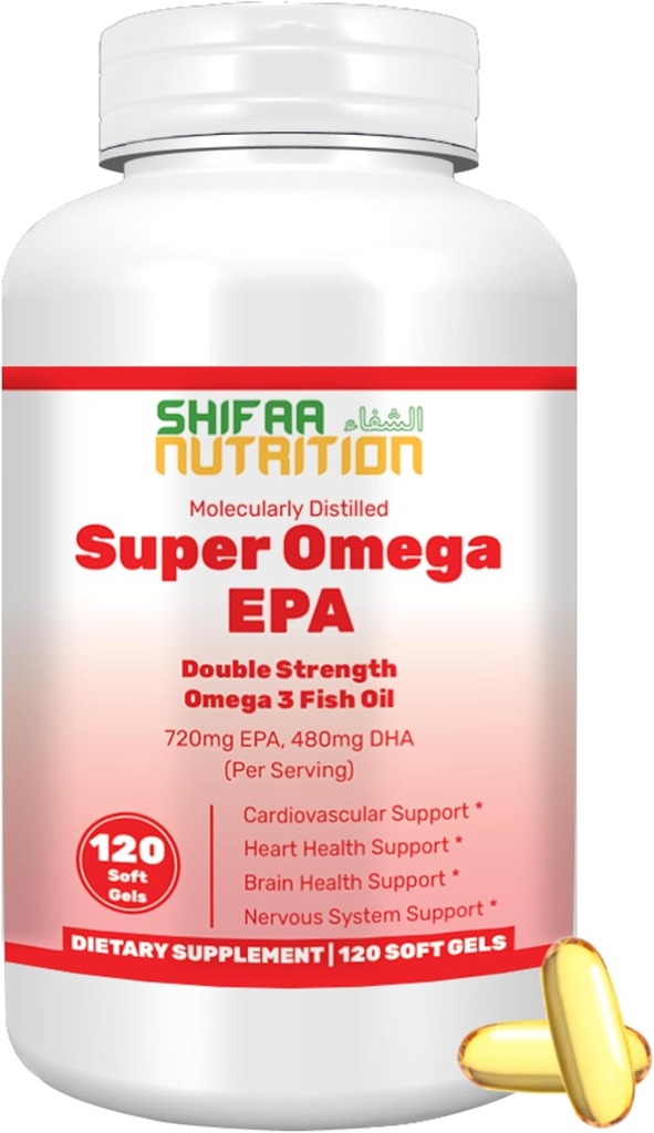 SHIFAA NUTRITION Halal Fish Oil Softgels 120 Ct, dobbel styrke - Halal Omega 3 Fish Oil Supplements. Wild Fanget, ikke-GMO og renset