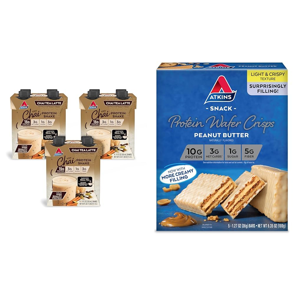 Atkins Chai Tea Latte Protein Shake med 15g Protein, 3g Net Carb, 1g Sukker + Atkins Peanut Smør Protein Wafer Crips med 10g Protein, 4g Net Carb, 1g Sukker, 5 greve