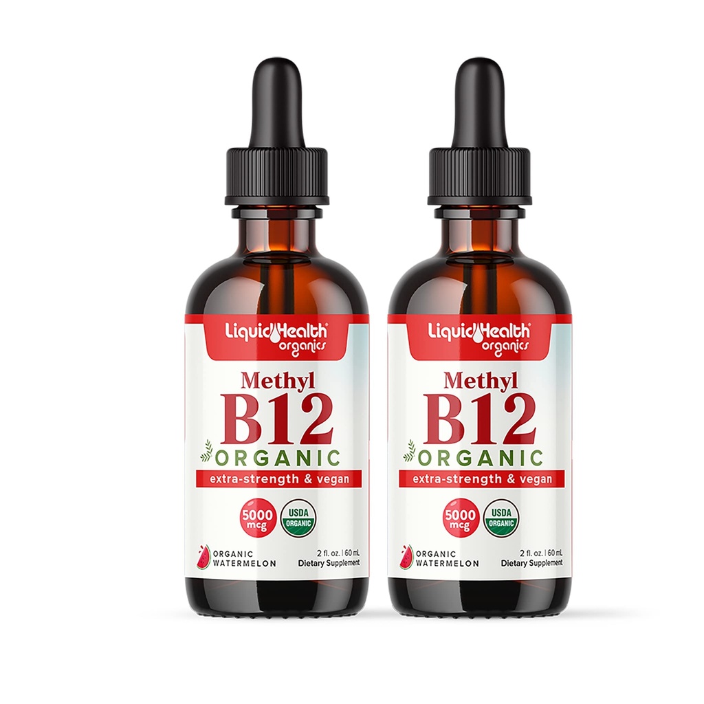 LIQUIDHEALTH USDA Organic Methyl Vitamin B12 Methylcobalamin flytende dråper med Tart Cherry Juice - Økt energi, immunstøtte, Forbedre minne og konsentrasjon - USA laget, vegansk, ikke-GMO (2 Pack)