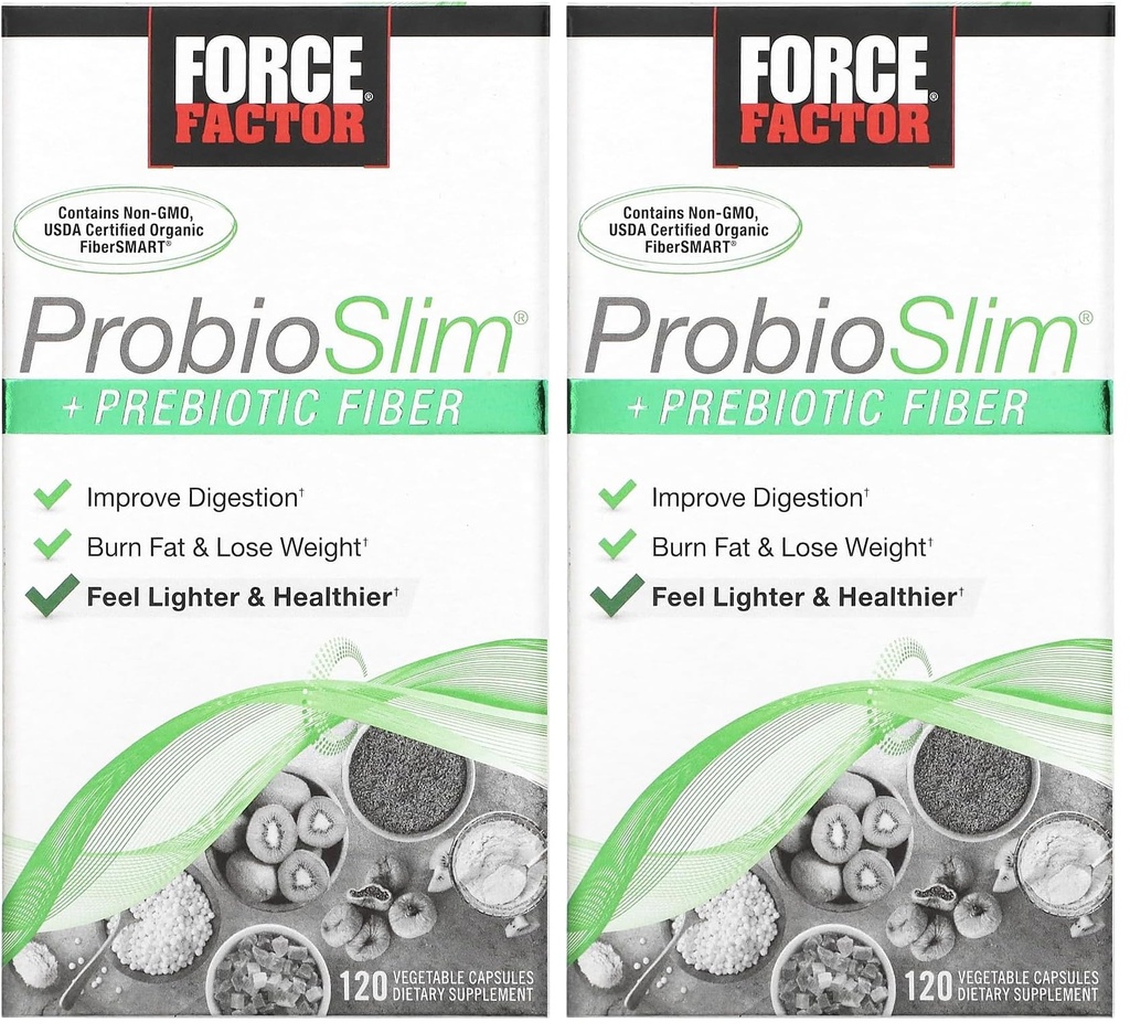Force Factor ProbioSlim + Prebiotic Fiber vekttap Supplement for kvinner og menn, Probiotiske og prebiotiske Digestive Helse støtte med grønn te ekstrakt og Psyllium Husk Fiber, 120 kapsler