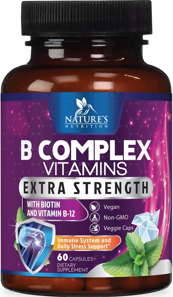 B komplekse vitaminer Kapsler - med vitamin B12 B6 B100 C Biotin Folat & folsyre - Supplement for hjerte, hjerne, og nerve støtte - Super komplette B-kompleks for immun og energi støtte - 60 Kapsler