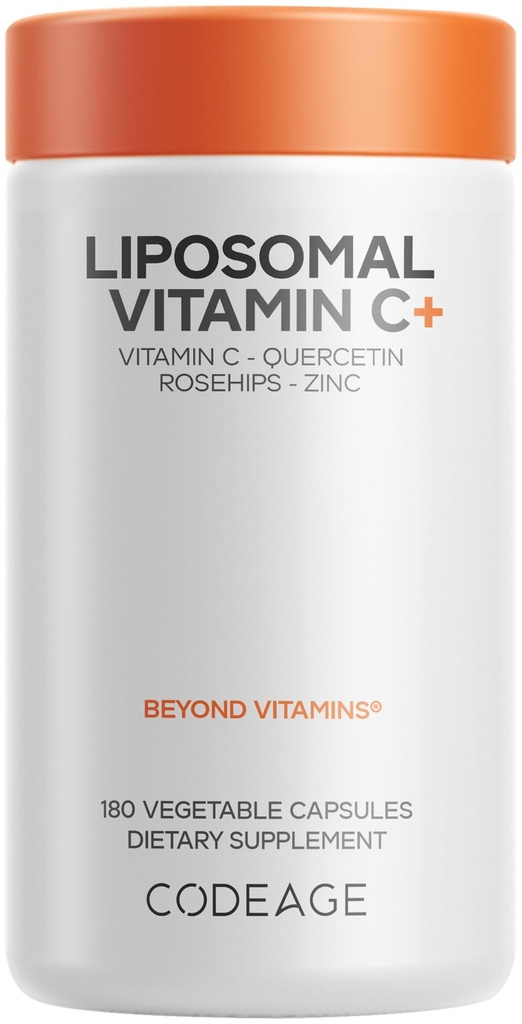 Codeage Liposomal vitamin C 1500mg med sink, eldrebær, Citrus Bioflavonoider Grapefrukt, sitron, oransje pulver, Quercetin & rose HIPS Frukt – Vegansk Supplement - Ikke-GMO, Vegan piller, 180 kapsler