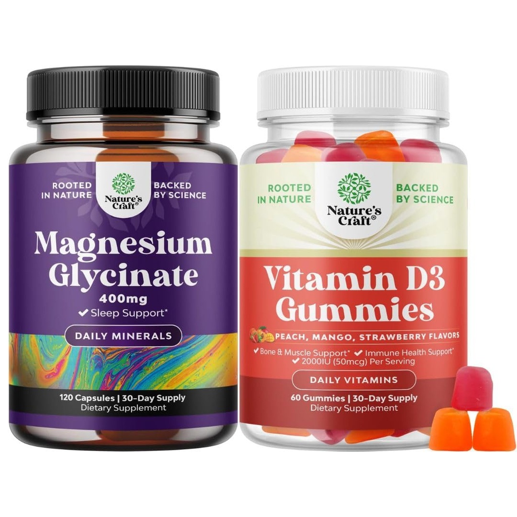 Bundle av ren Magnesium Glycinate 400 mg Per servering for humør søvn og avslapning og vitamin D3 Gummies for daglig velvære eller bein muskel og immunstøtte