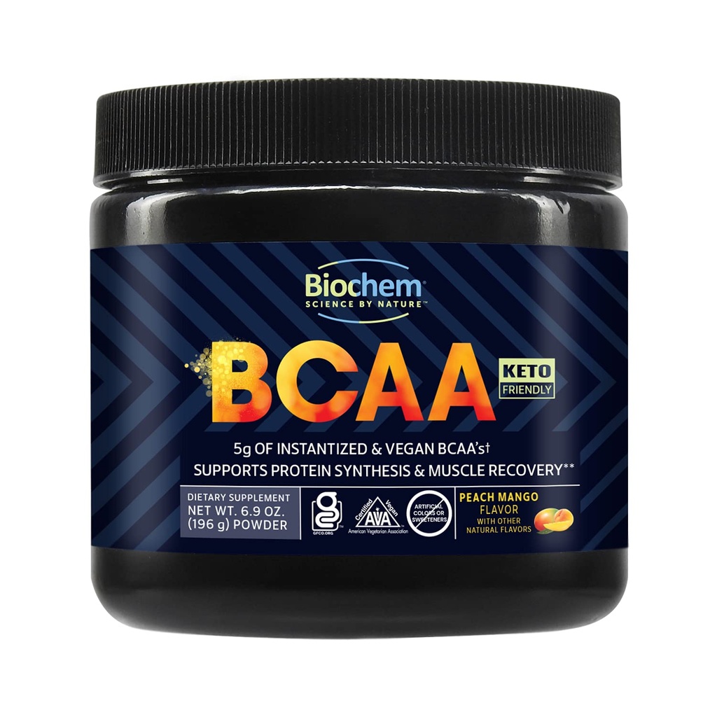 Biochem BCAA Powder Peach Mango 5g – 30 Services ® Vegansk, Glutenfri, Keto, Instantized 2:1:1 BCAA Kosttilskudd for muskelgjenvinning, proteinsyntese og hydrasjon | Electrolyte Aminosyre pulver