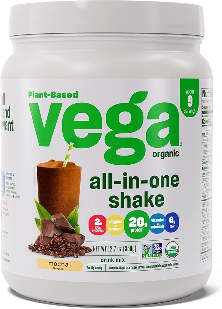 Vega Organic All-in-One Vegansk Protein pulver mocha (9 serveringer) Superfood ingredienser, Vitaminer for immunisme støtte, Keto-vennlig, Pea Protein for kvinner og menn, 12.7oz (Packing May Vary)