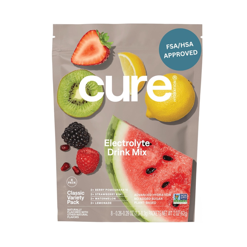 Cure Hydration | Plantebasert elektrolyt drikk blanding | Ingen tilsatt sukker | FSA-HSA | Dehydrering Relief pulver laget med kokosvann | Ikke-GMO | Vegan | 8 pakker - Variety Pack