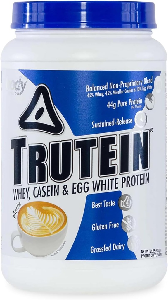 Body Nutrition Trutein High Protein pulver: 45% Whey, 45% Casein, 10% Egg Hvit, Glutenfri, Lav Natrium, Grass Fed Whey Protein pulver, Gym Supplement & Frokost Shake, Mocha, 2lb