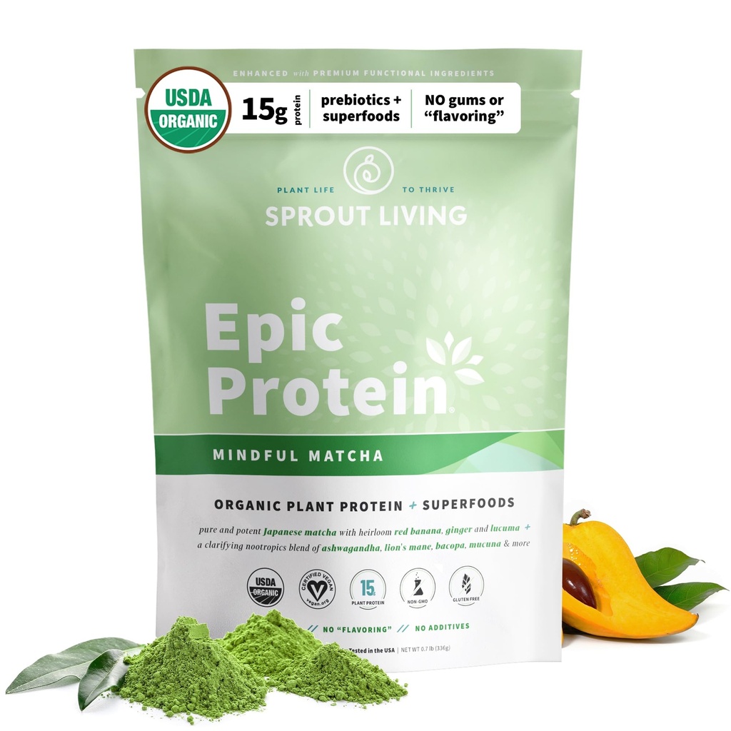 Sprout Living Epic Protein, Plant Basert Protein & Superfoods Powder, Mindful Matcha | 17 Grams Organic Protein Powder, Vegansk, Ikke-GMO, Glutenfri, Adaptogens + Nootropics (1 pund, 12 serveringer)