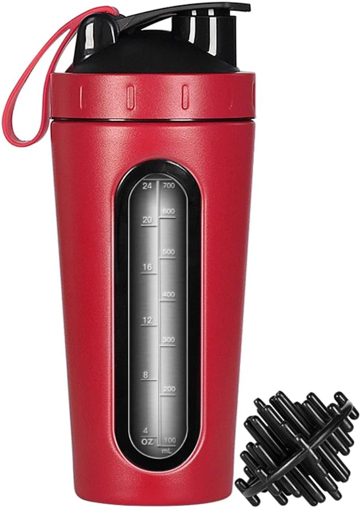 Protein Shaker Flaske, rustfritt stål Shaker Cup, Sportsmikser vannflaske, synlig vindu, Leak Proof, Ingen BPA med blandingskule for Gym Fitness Trening, 28 Ounce, Rød