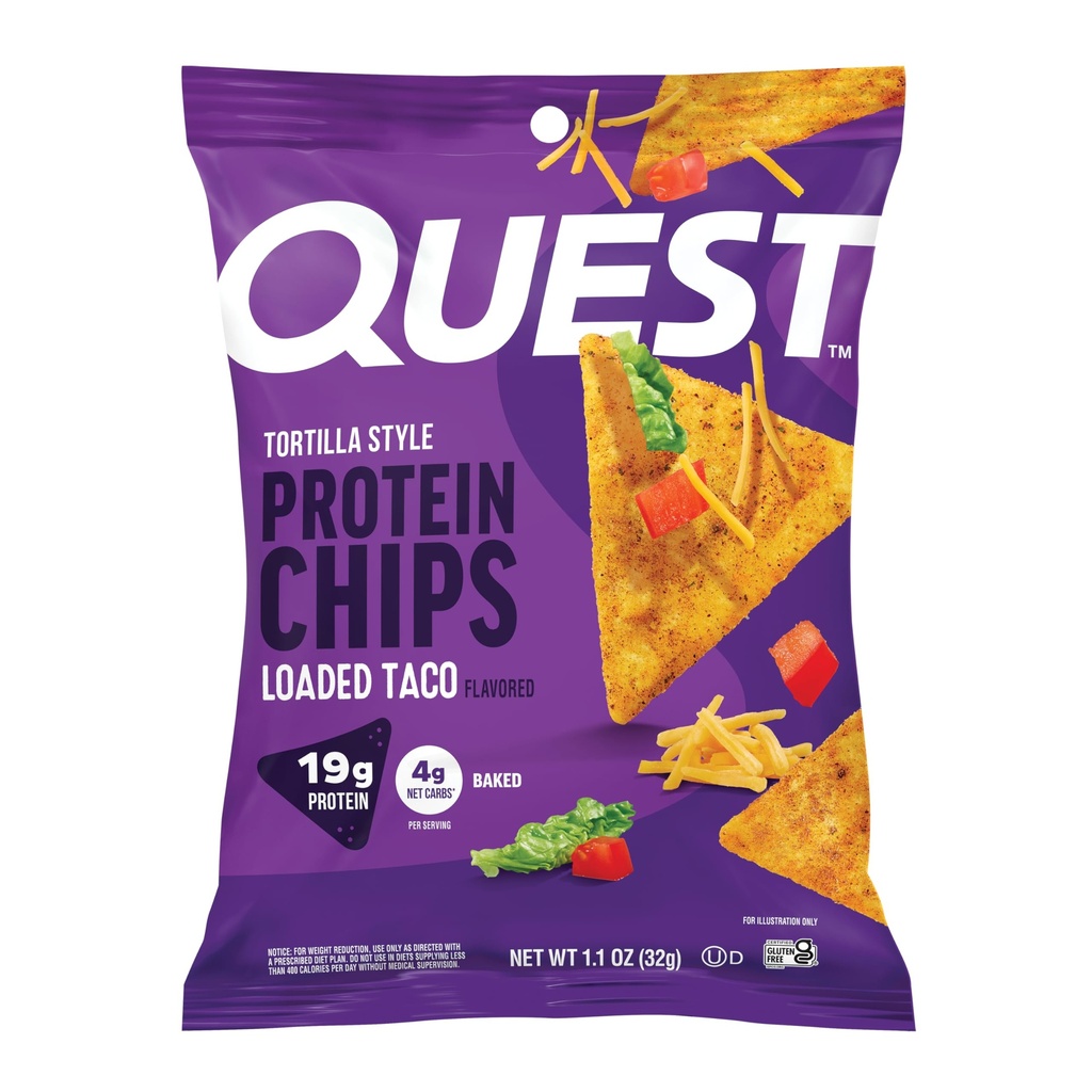 Quest Ernæring Lastet Taco Tortilla Style Protein Chips, 19g Protein, 4g Netto Carb, Lav carb, Glutenfri, 1.1 oz (Pack of 12)