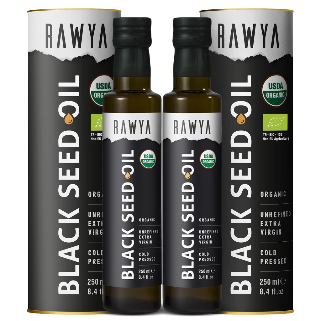 RAWYA Black Seed Oil - Økologisk kaldt presset Nigella Sativa - tyrkisk opprinnelse - USDA organisk - naturlig kosttilskudd - svart cumin frøolje - rik flavor & høy konsentrasjon - 250ml glassflaske - 2 pakke