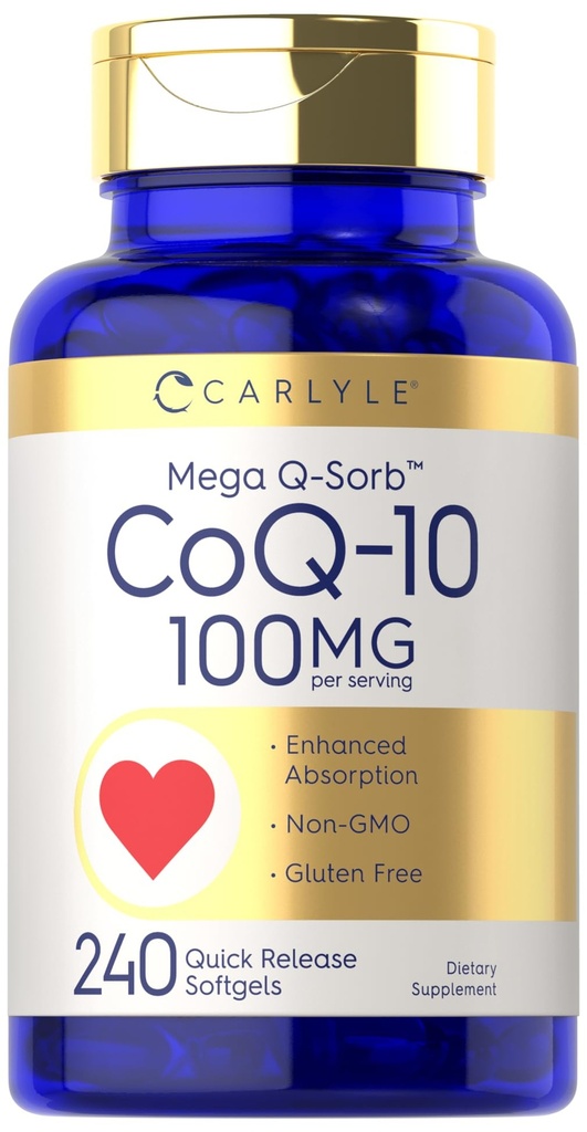 Carlyle CoQ10 100mg | 240 Softgels | Mega Q-Sorb Coenzym Q-10 | med svart pepper ekstrakt | Ikke-GMO, Glutenfri Supplement