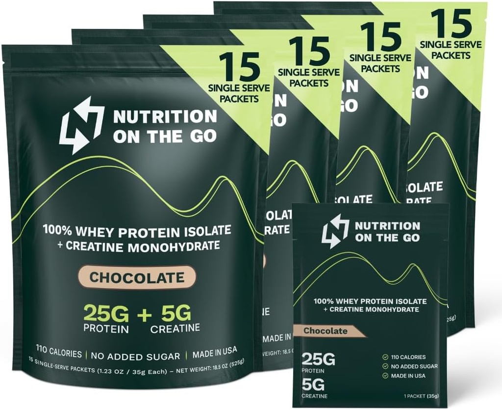 Ernæring på Go Whey Protein Isolere pakker med kreatin – 25g protein + 5g kreatin – enkeltserve reiseprotein pulver – sjokolade (60-Pack)