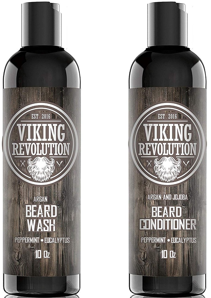Viking revolusjon Beard Shampoo and Conditioner sett - topp-tier Beard Care Kit med Argan & Jojoba oljer for sunn beard vekst, ingen kløe eller irritation, Rich Lather, Eucalyptus Scent (10 oz)