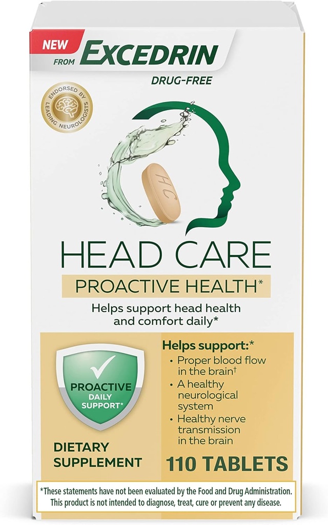 Excedrin hodepleie proaktiv helse med magnesium, riboflavin, vitamin B6, folsyre og vitamin B12, kosttilskudd støtter hodet helse og komfort daglig – 110 greve