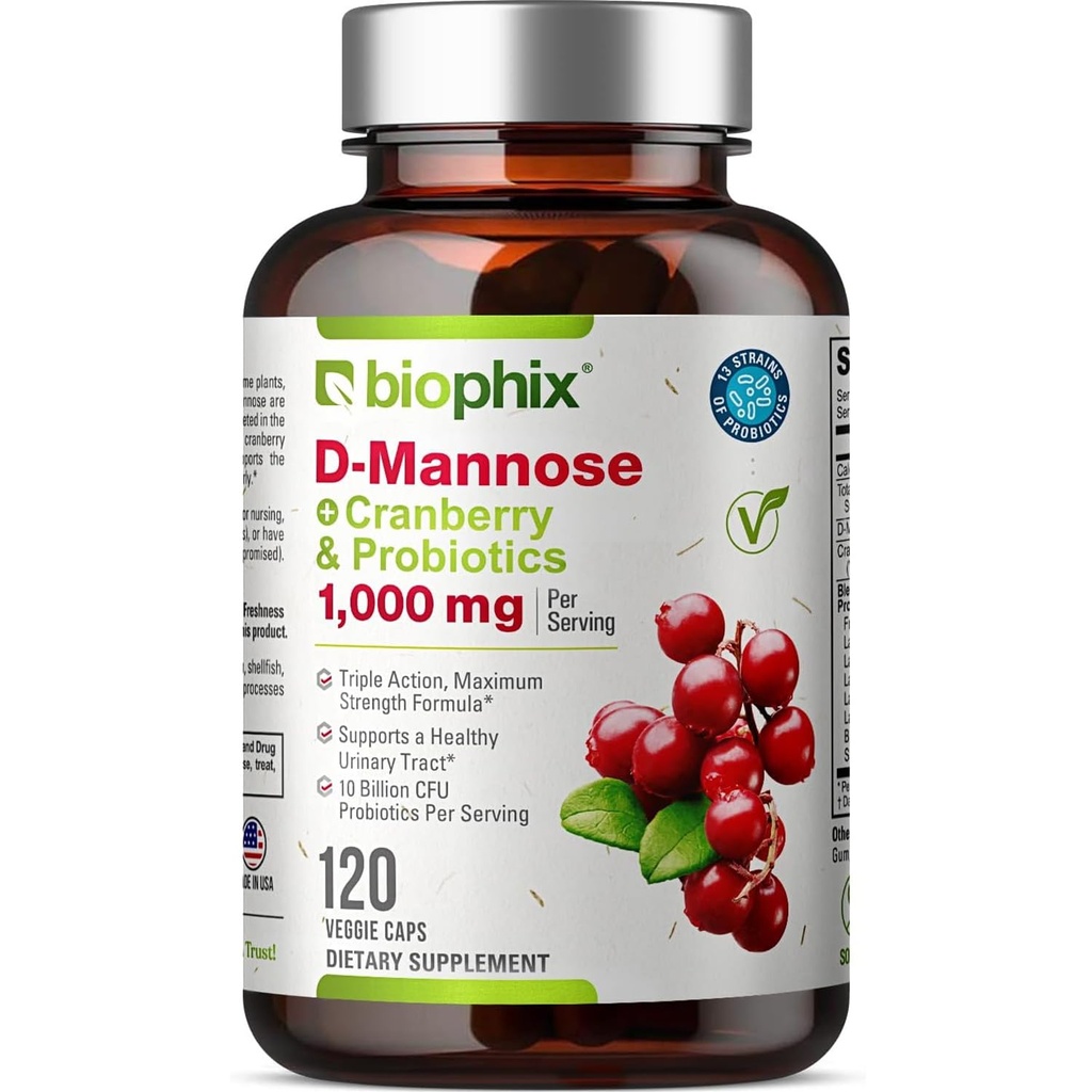 Biophix D-Mannose 1000mg Kapsler med Cranberry & Probiotika - D Mannose kosttilskudd for kvinner - D-Mannose piller for Urin Tract & Bladder Helse Support - Digestive Well-Being - 120 Vcaps