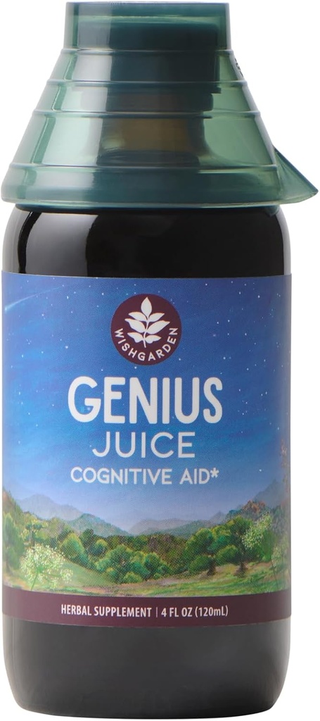 WishGarden Herbs Genius Juice - flytende Herbal Nootropic Brain Booster Supplement for fokus, klarhet, konsentrasjon og energi med Ginkgo Biloba & Gotu Kola, Kognitiv støtte, Ingen kaffe, 4oz