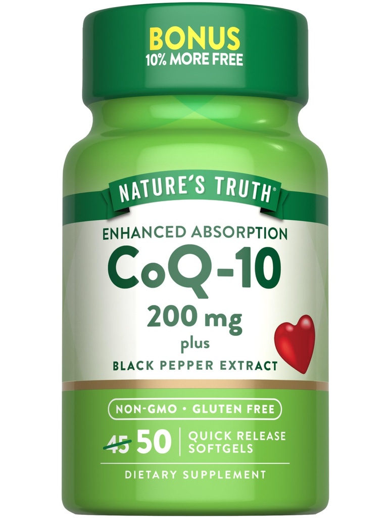 Naturens Sannhet CoQ10 200mg Softgels | 50 greve | Forbedret Absorpsjon Supplement | Plus Black Pepper Extract | Ikke-GMO, Glutenfri