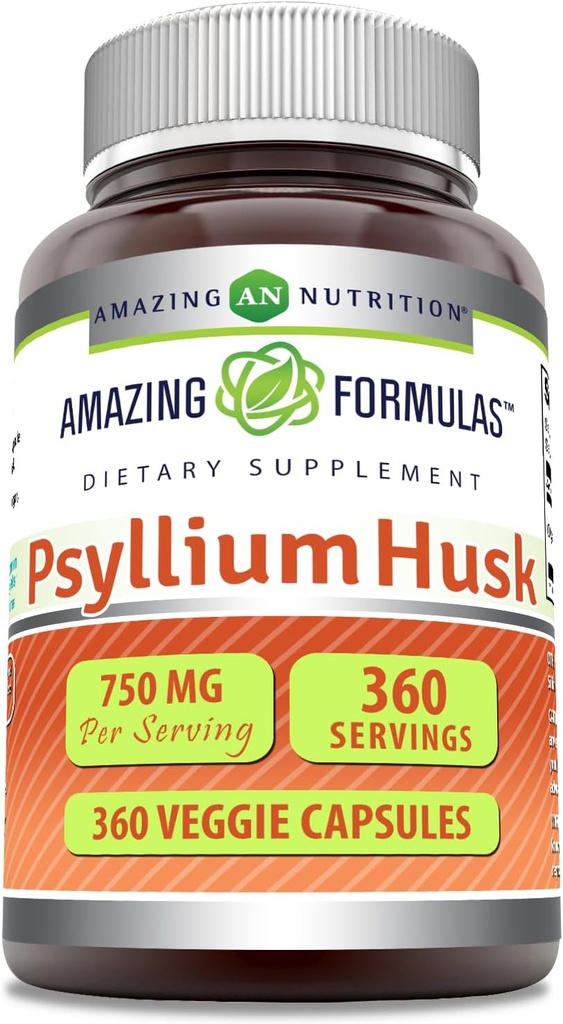 Amazing Formler Psyllium Husk 750mg Veggie Capsules Supplement | Ikke-GMO | Glutenfri | laget i USA | Egnet for vegetarianere (360 greve)