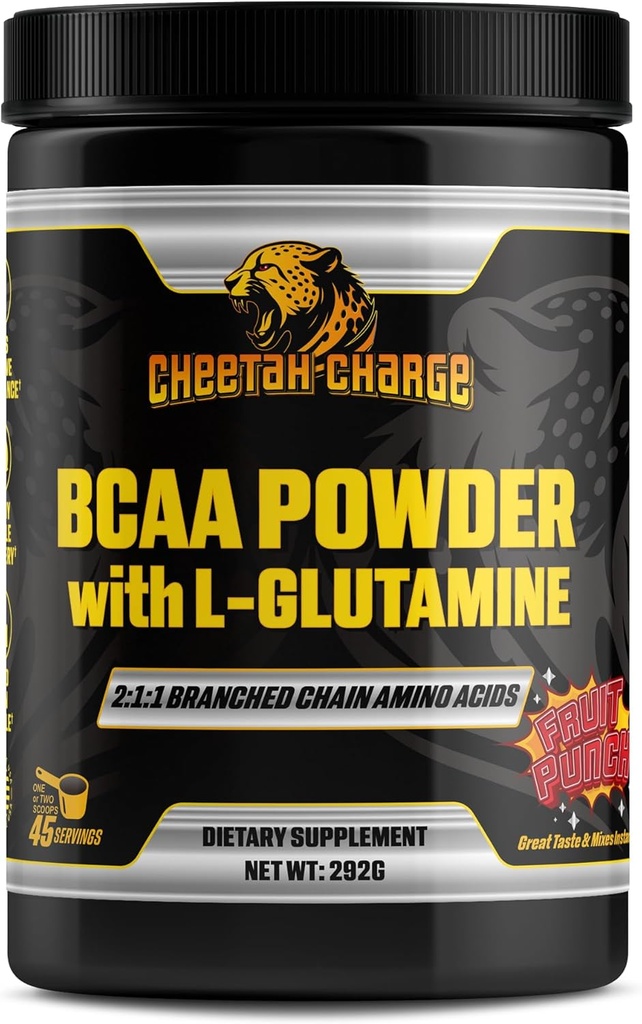 BCAA pulver med L-Glutamine | 2:1:1 Branched kjede Aminosyrer | Post uttrening gjenoppretting pulver - 45 Serveringer (Fruit Punch)